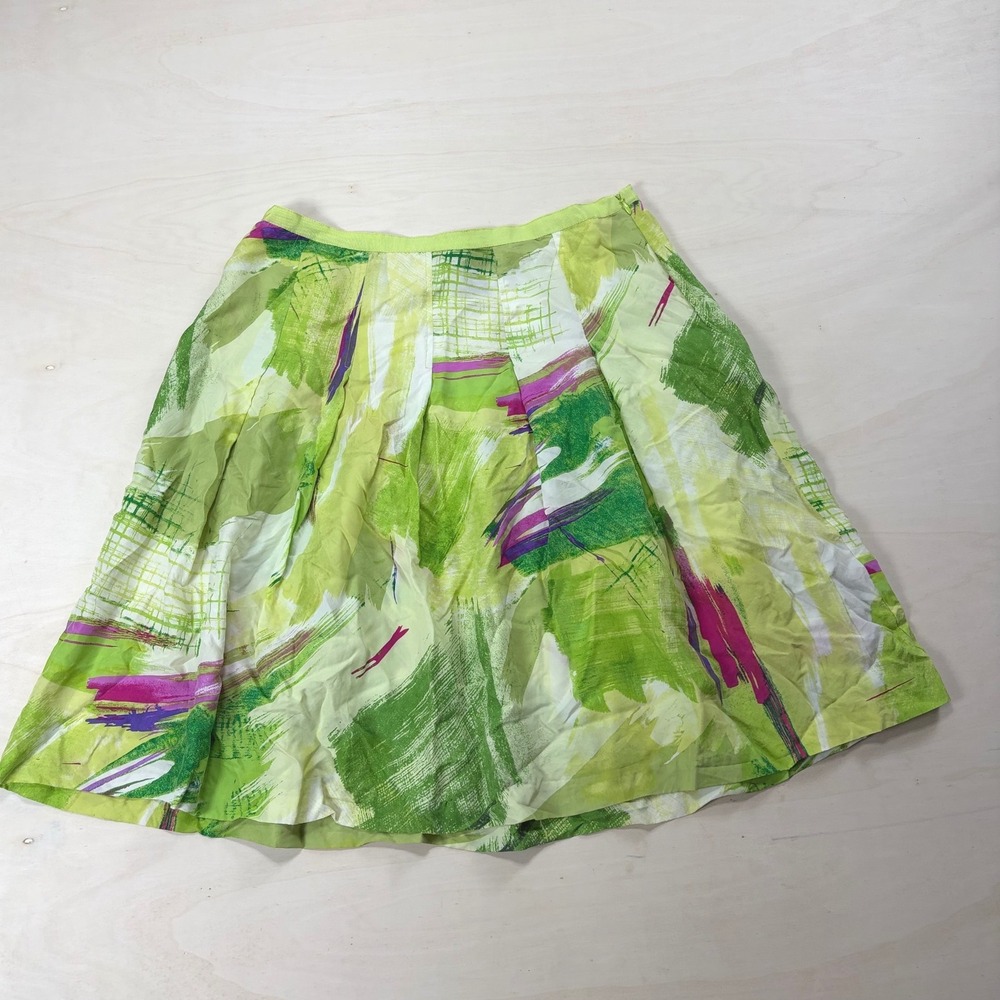 Beliza Silk Abstract Print Skirt Size 10 Green Magenta A-Line Pleated RFSD885